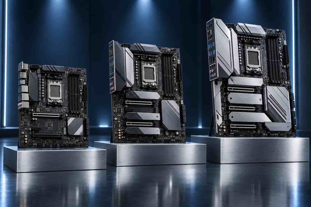 Entry-level, mainstream, and premium AM5 motherboards displayed side by side