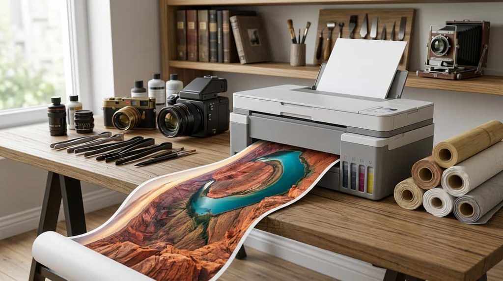 Wide-format ink-tank printer producing a large 13-by-19-inch color print
