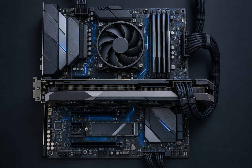 System board connecting the CPU, RAM, graphics card, storage, and power supply.
