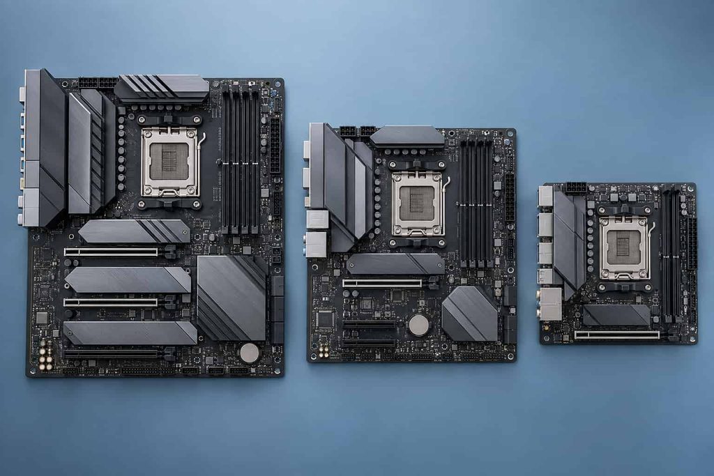 ATX, Micro-ATX, and Mini-ITX AM5 motherboards compared by size