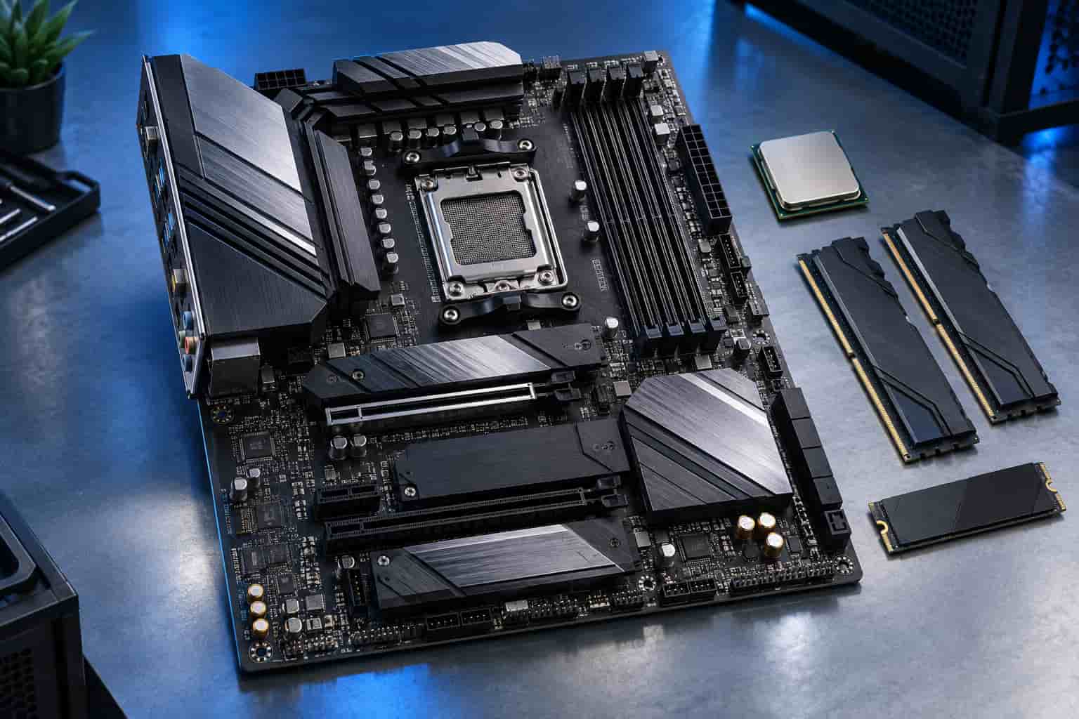 AM5 motherboard with Ryzen 7 7700X processor, DDR5 RAM, and NVMe SSD on a blue-lit workbench