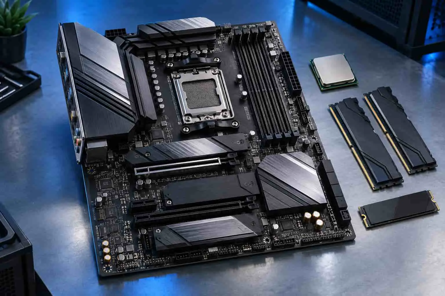 AM5 motherboard with Ryzen 7 7700X processor, DDR5 RAM, and NVMe SSD on a blue-lit workbench