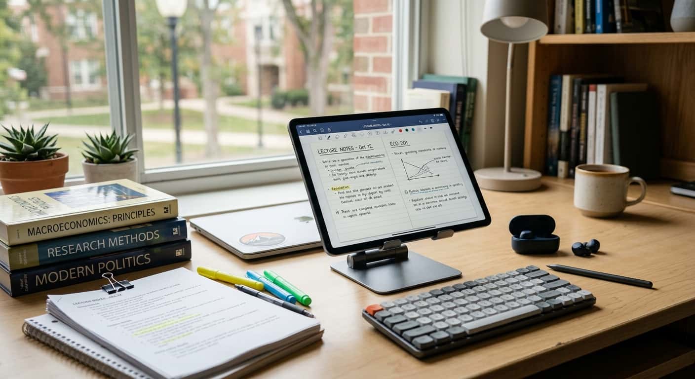 Student tablet setup with stylus, keyboard, notes, and textbooks