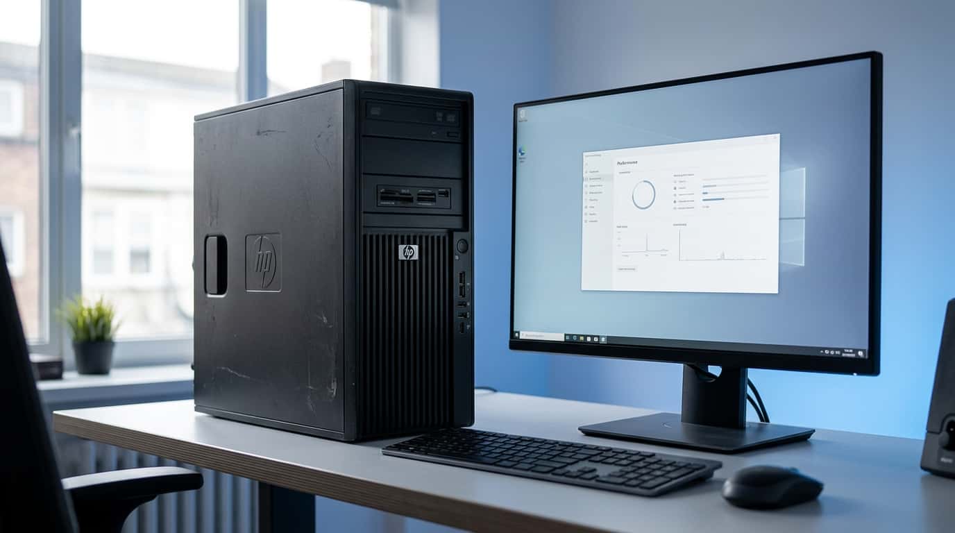 An HP Z400 workstation tower on a modern office desk next to a sleek widescreen monitor displaying a performance interface.