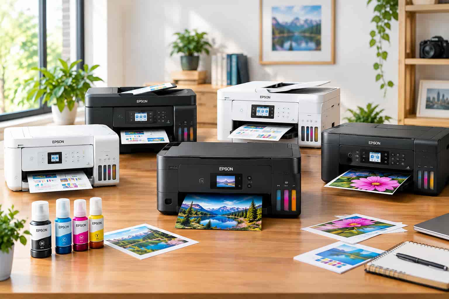 Epson EcoTank printers with refillable ink tanks in a modern home office