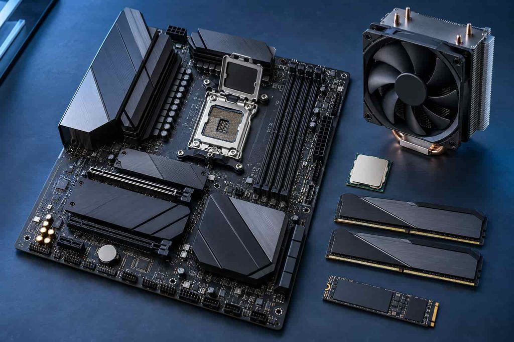AM5 motherboard, DDR5 memory, NVMe SSD, and CPU cooler required for a Ryzen 7 7700X build