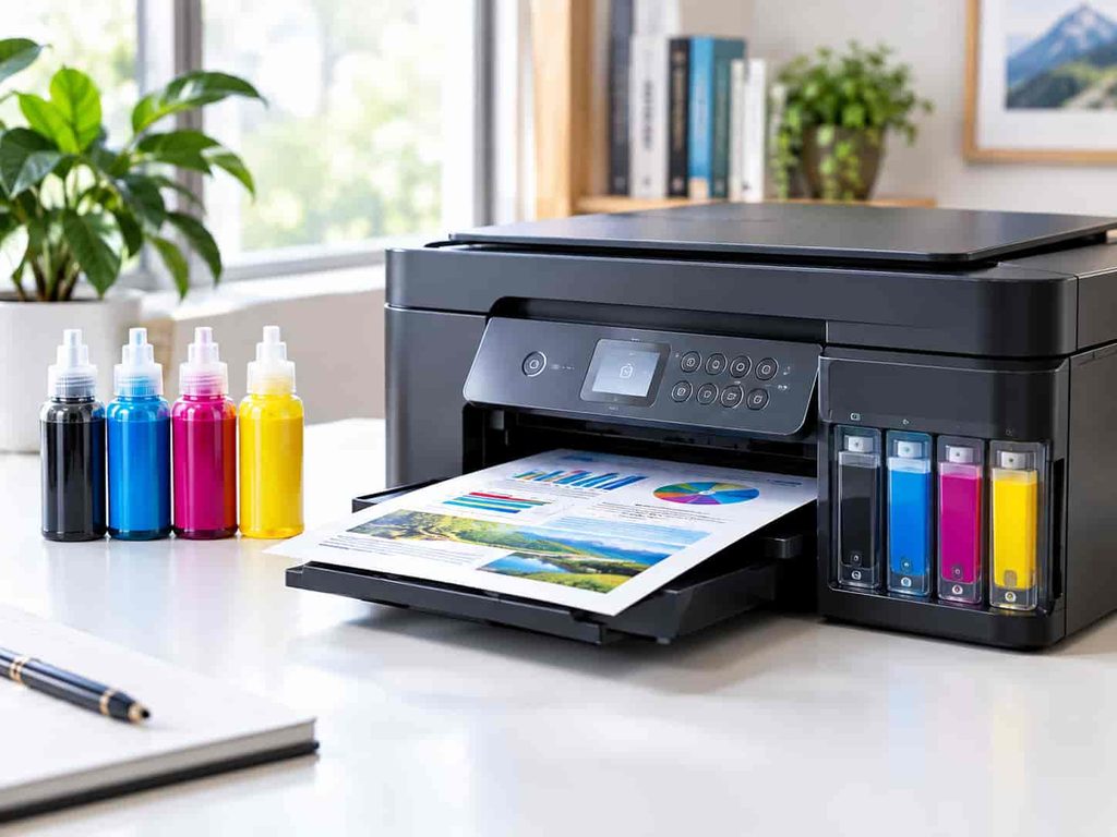 Refillable ink tanks and ink bottles used by an EcoTank printer