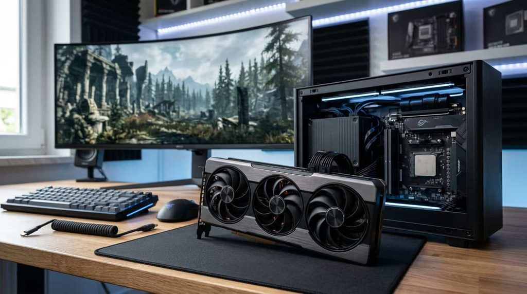 Midrange triple-fan graphics card beside a gaming PC