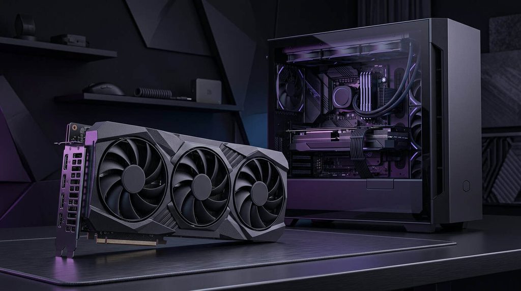High-end triple-fan graphics card beside a powerful gaming desktop
