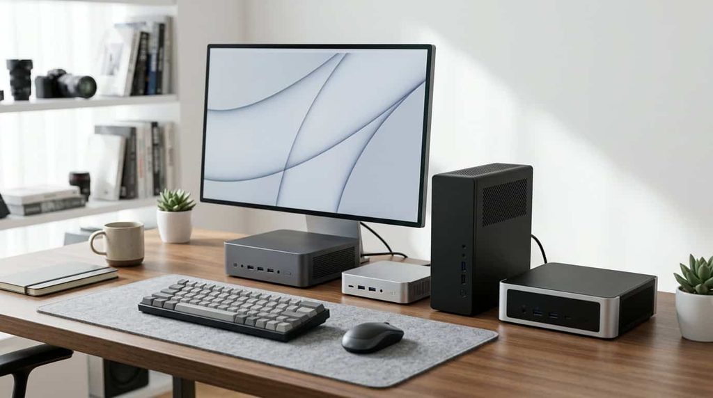 Compact desktop workstation setup for professional computing