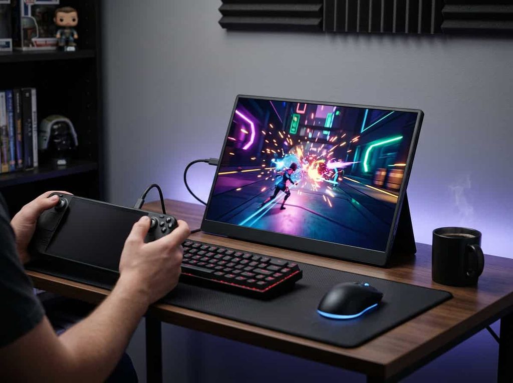 High-refresh-rate portable monitor connected to a