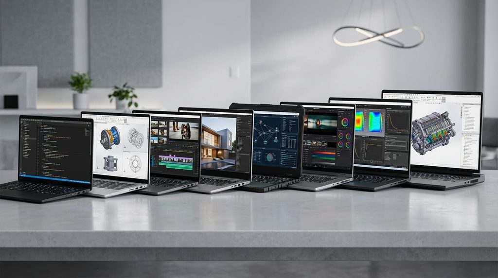 A lineup of professional mobile workstation laptops in different sizes for engineering and creative work.