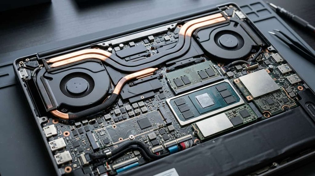 Internal mobile workstation laptop components showing memory, graphics hardware, and the cooling system.