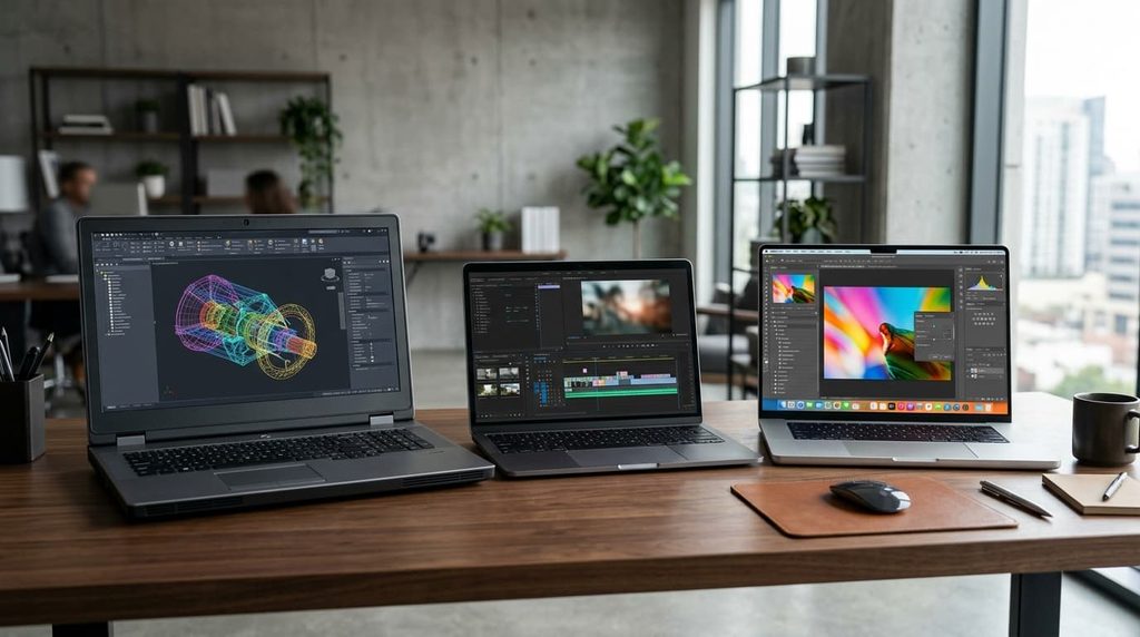Three professional laptops representing powerful, portable, and creative workstation options.