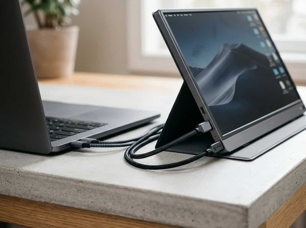 USB-C and mini-HDMI connections for a portable monitor and laptop