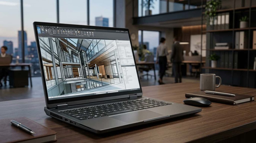 High-performance 16-inch workstation laptop set up for professional 3D rendering.