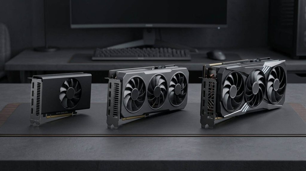 Entry-level, mid-range, and flagship graphics cards compared by size and design