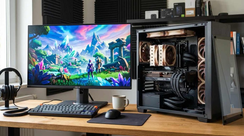 Desktop gaming PC with an installed graphics card and high-resolution monitor