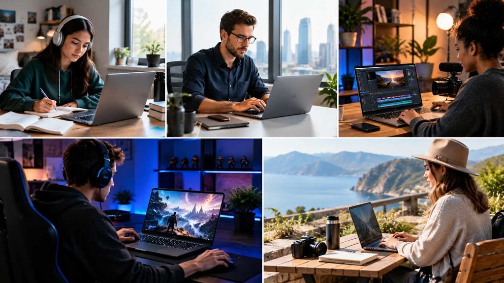 Different laptop users choosing computers for their needs