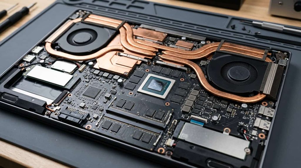 Workstation laptop cooling fans, heat pipes, memory, and graphics hardware.