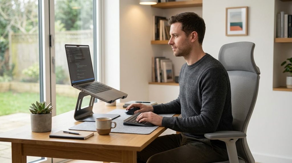 ergonomic laptop stand setup with external keyboard and mouse