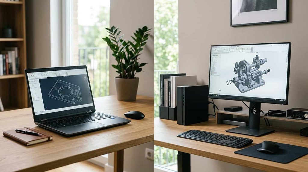 Portable workstation laptop beside a compact desktop workstation setup