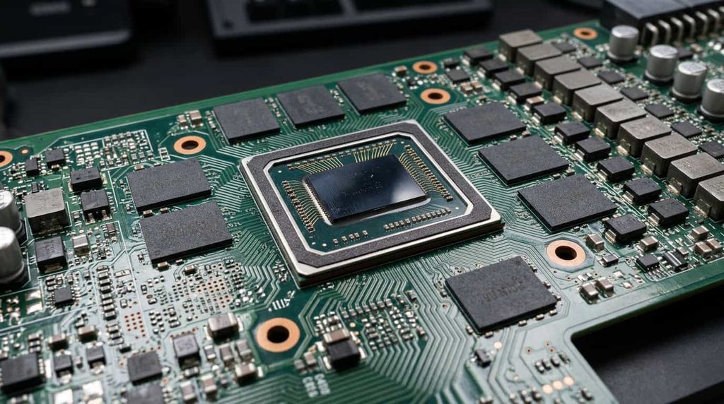 GPU processor surrounded by GDDR memory chips on a graphics card circuit board
