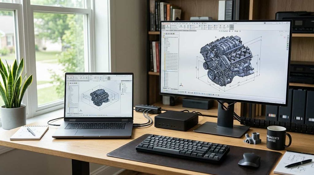 Mobile workstation laptop and compact desktop workstation set up side by side in a home office.