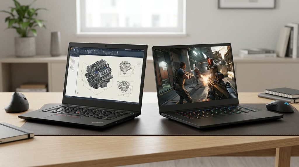 Professional mobile workstation and gaming laptop side by side on a desk.