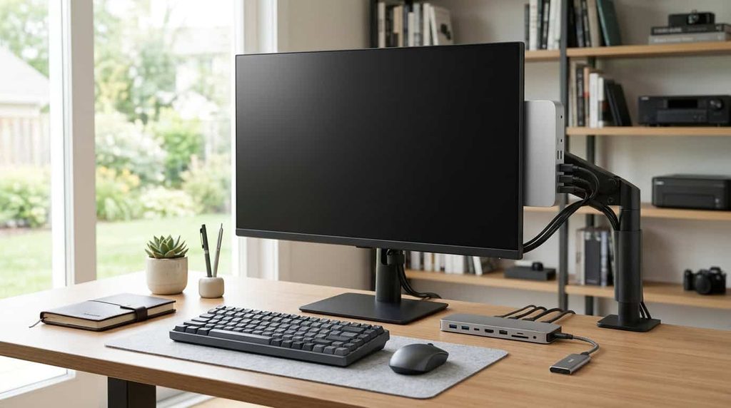 Space-saving mini workstation mounted behind a monitor in a home office