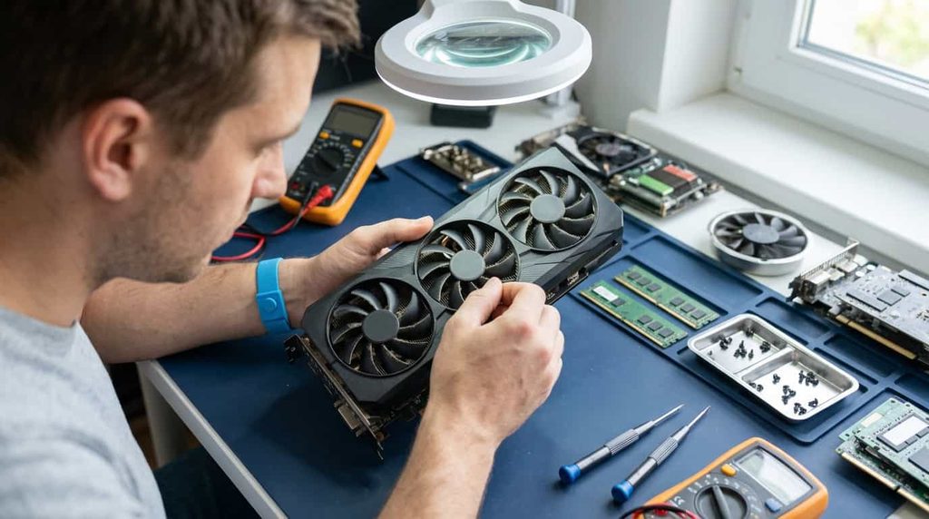 Technician inspecting a graphics card on an electronics repair workbench