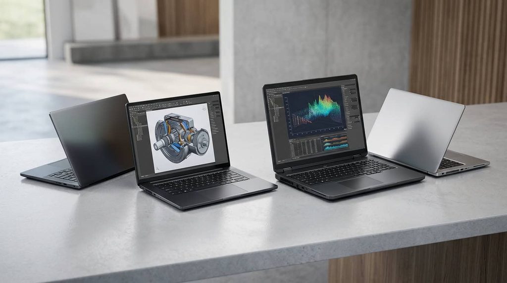 Range of portable workstation laptops in different sizes for professional users