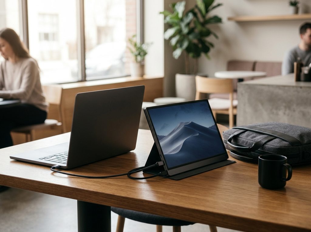 Lightweight portable monitor and laptop arranged on a travel workspace