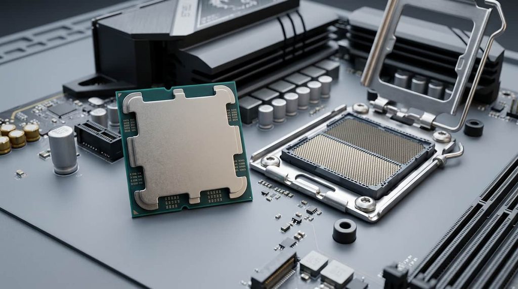 Modern CPU processor beside a computer motherboard