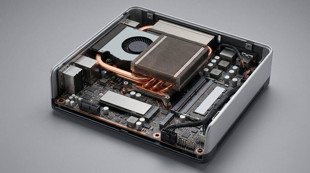 Mini workstation internal components with cooling fan, motherboard, and SSD