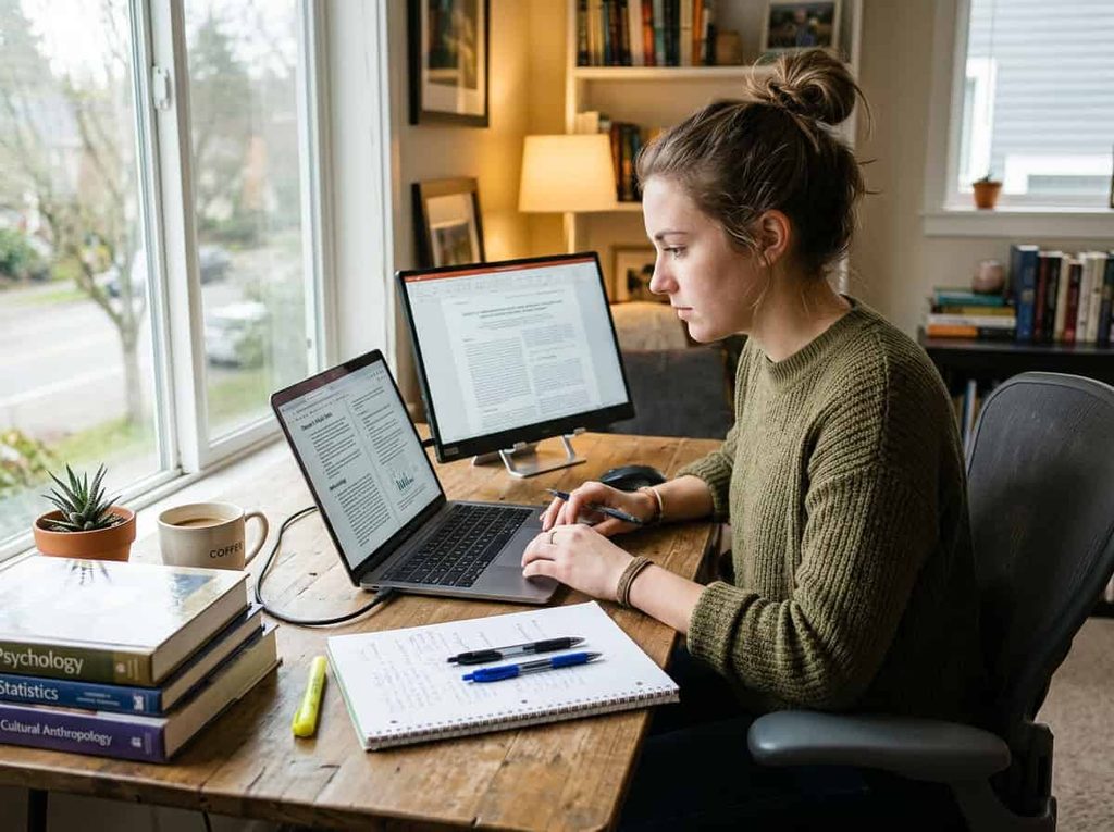 Student using a portable monitor and laptop for research and studying
