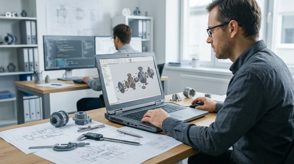 Engineer using a workstation laptop to inspect a detailed 3D mechanical model.