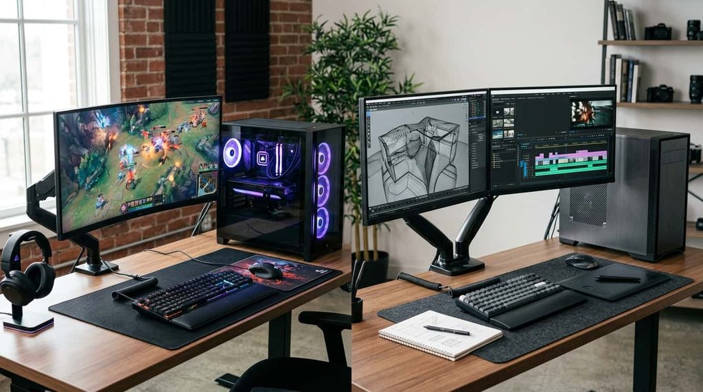 Gaming PC and professional workstation computer setups side by side