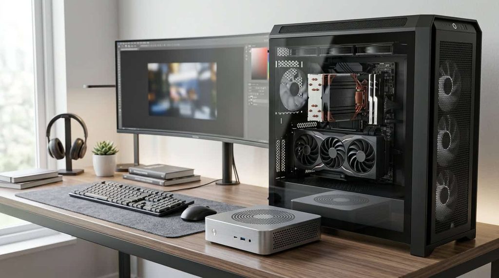 Mini workstation beside a full-size desktop tower showing their size difference