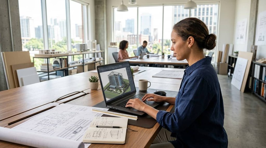Engineer using a mobile workstation laptop to review an architectural 3D model.
