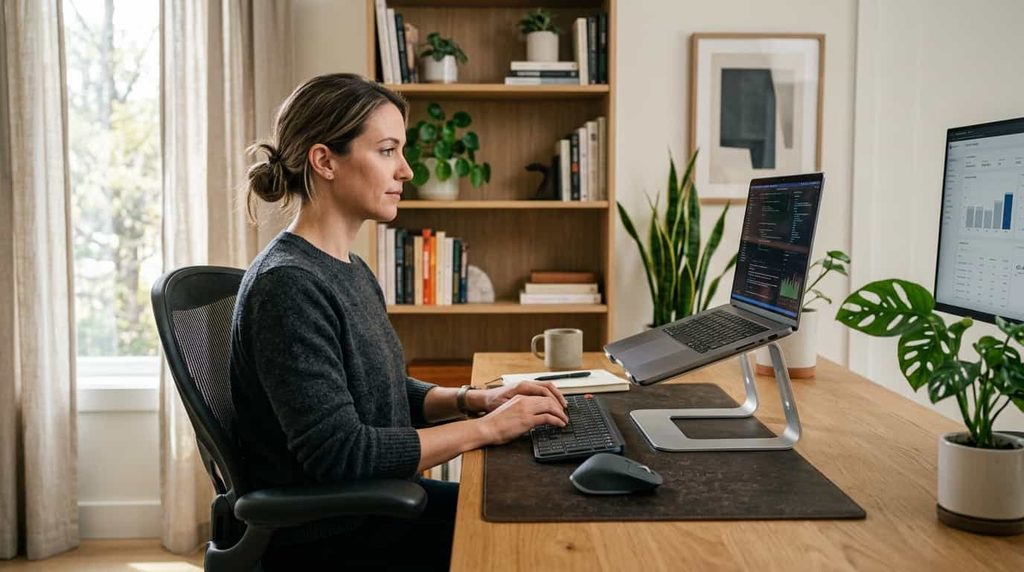 laptop stand improving a home office desk setup
