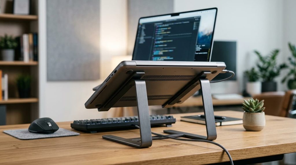 laptop stand providing airflow underneath a laptop