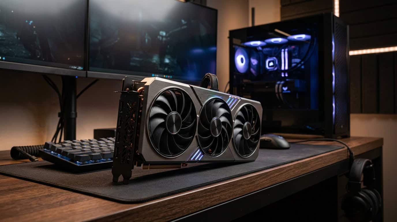 Modern graphics card with multiple cooling fans on a gaming PC desk
