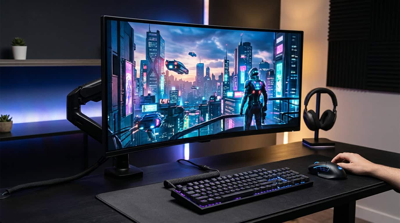 Best gaming monitor on a modern gaming desk with RGB lighting