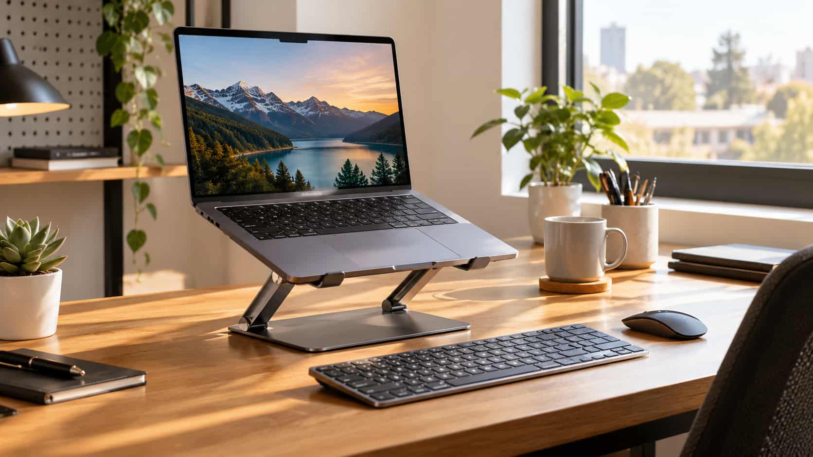 modern laptop on a laptop stand in a home office
