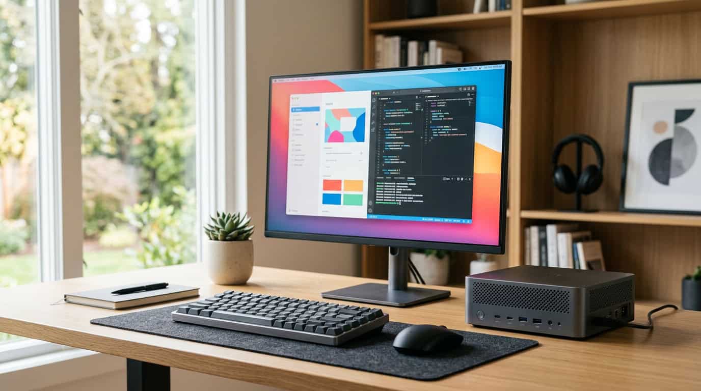 Mini workstation PC in a compact professional desktop setup