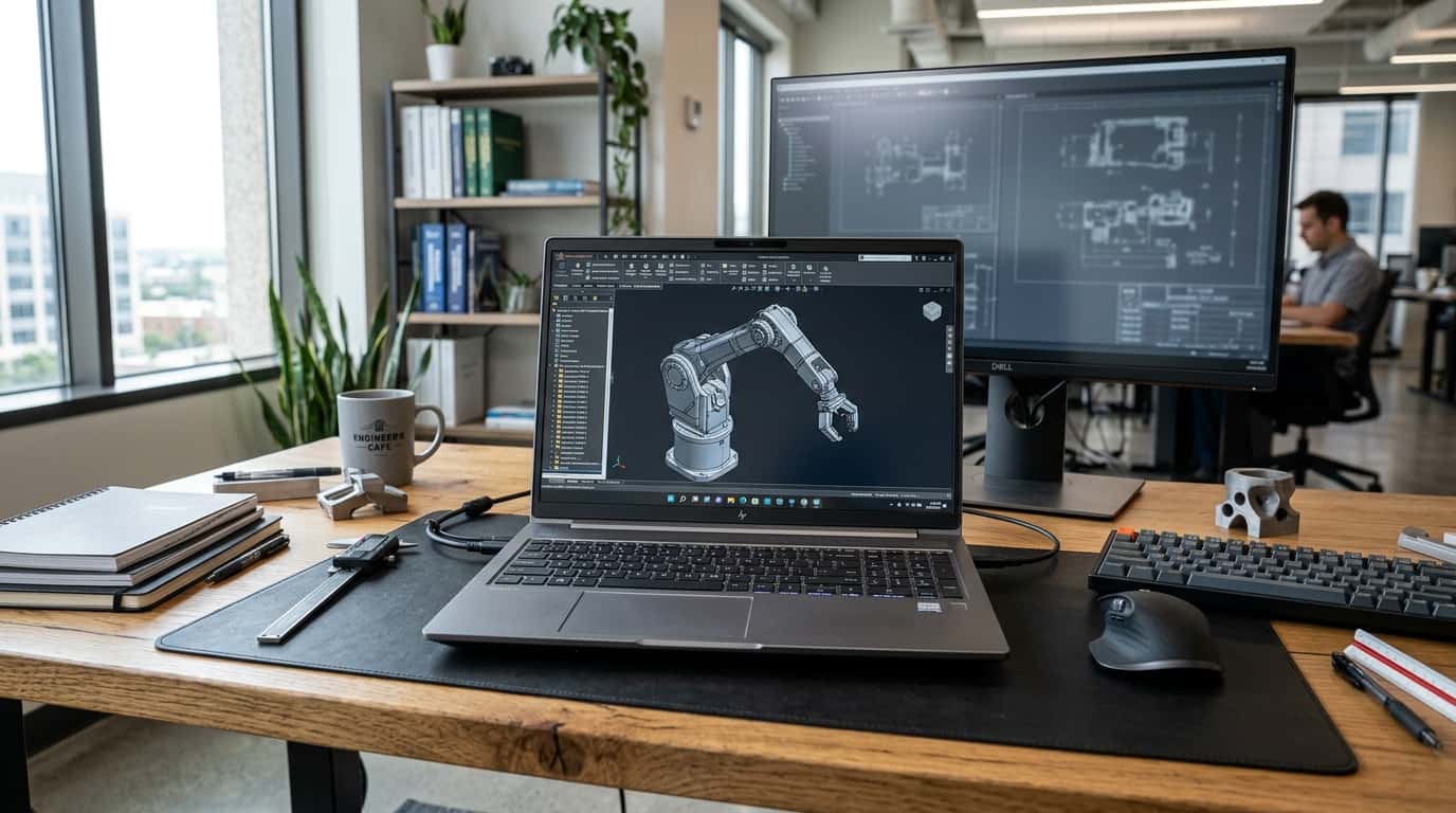 Mobile workstation laptop displaying a 3D CAD engineering model on a professional desk.