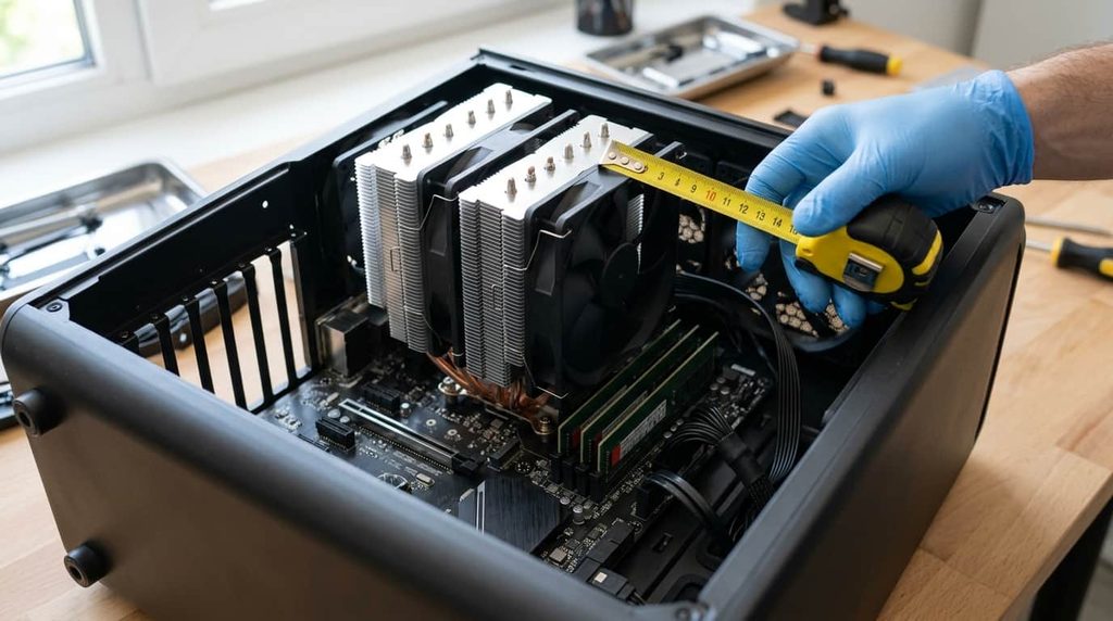 Checking CPU cooler height and RAM clearance inside a desktop PC