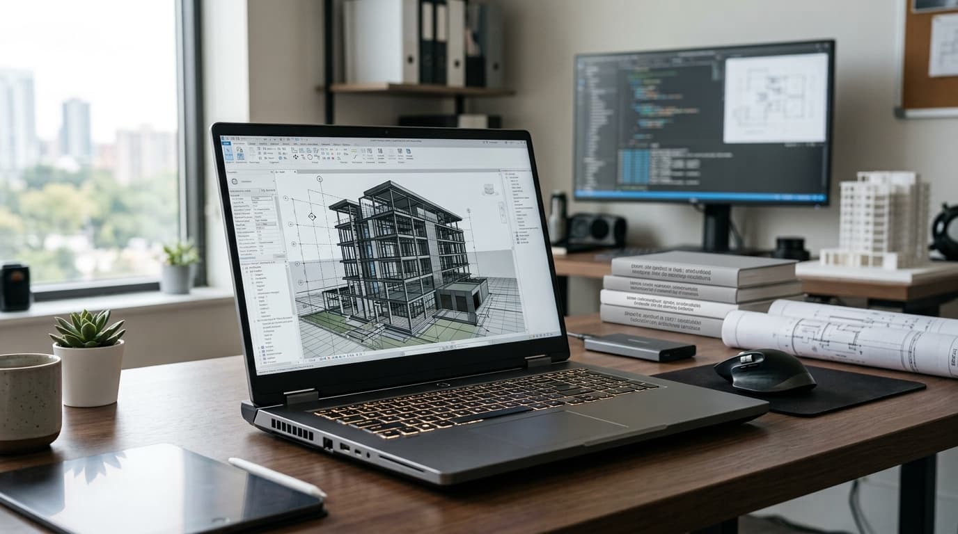 Professional workstation laptop displaying a 3D engineering model on a desk.